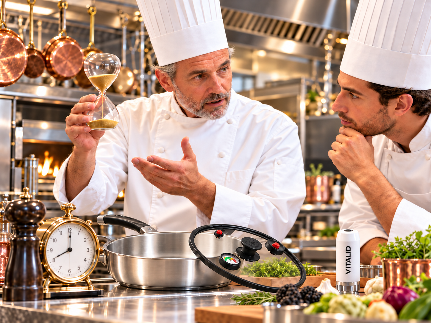 Deux chefs échangent autour de la cuisson et d’un ustensile VITALID