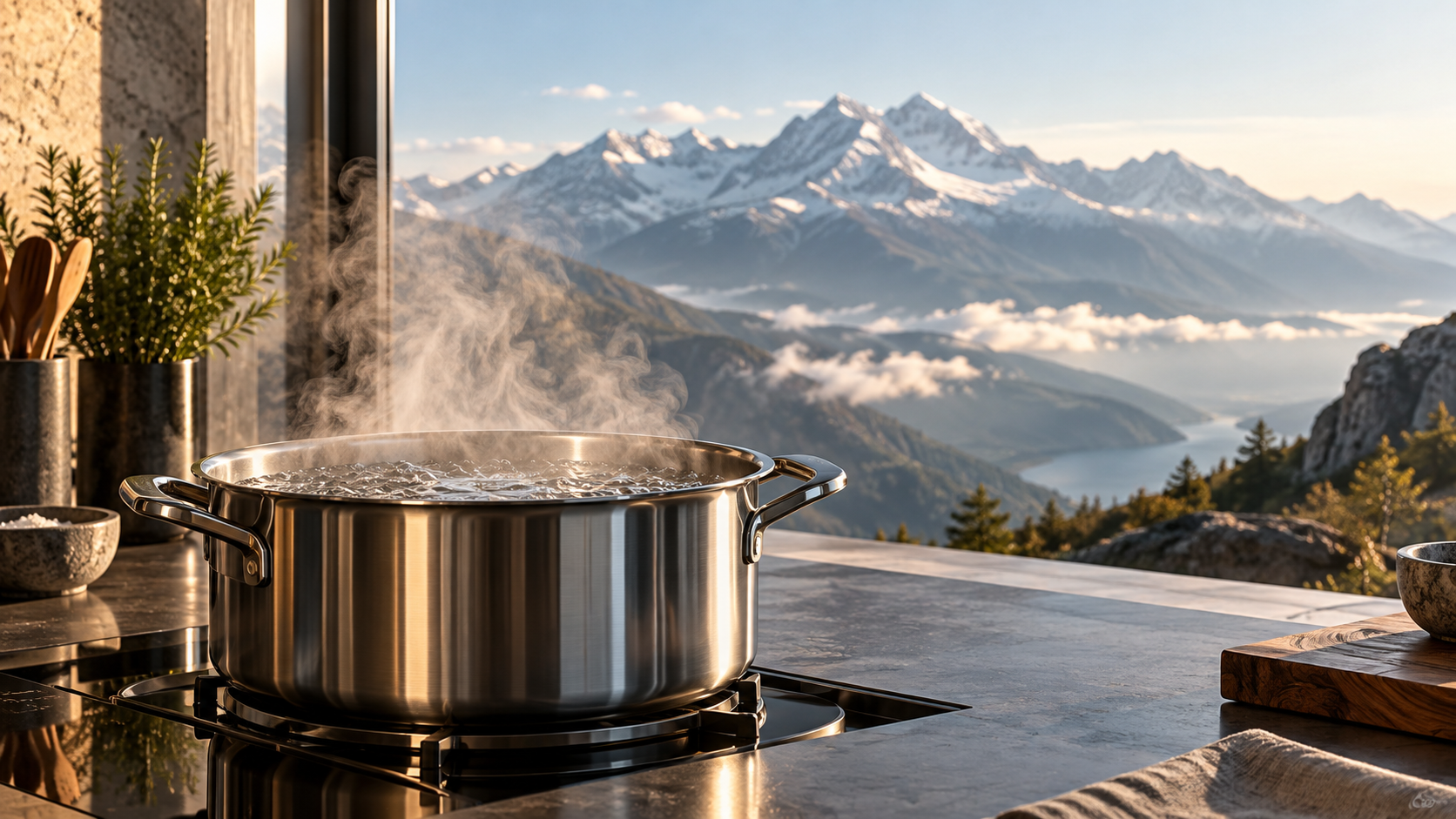 Une casserole chauffe dans une cuisine ouverte sur les montagnes