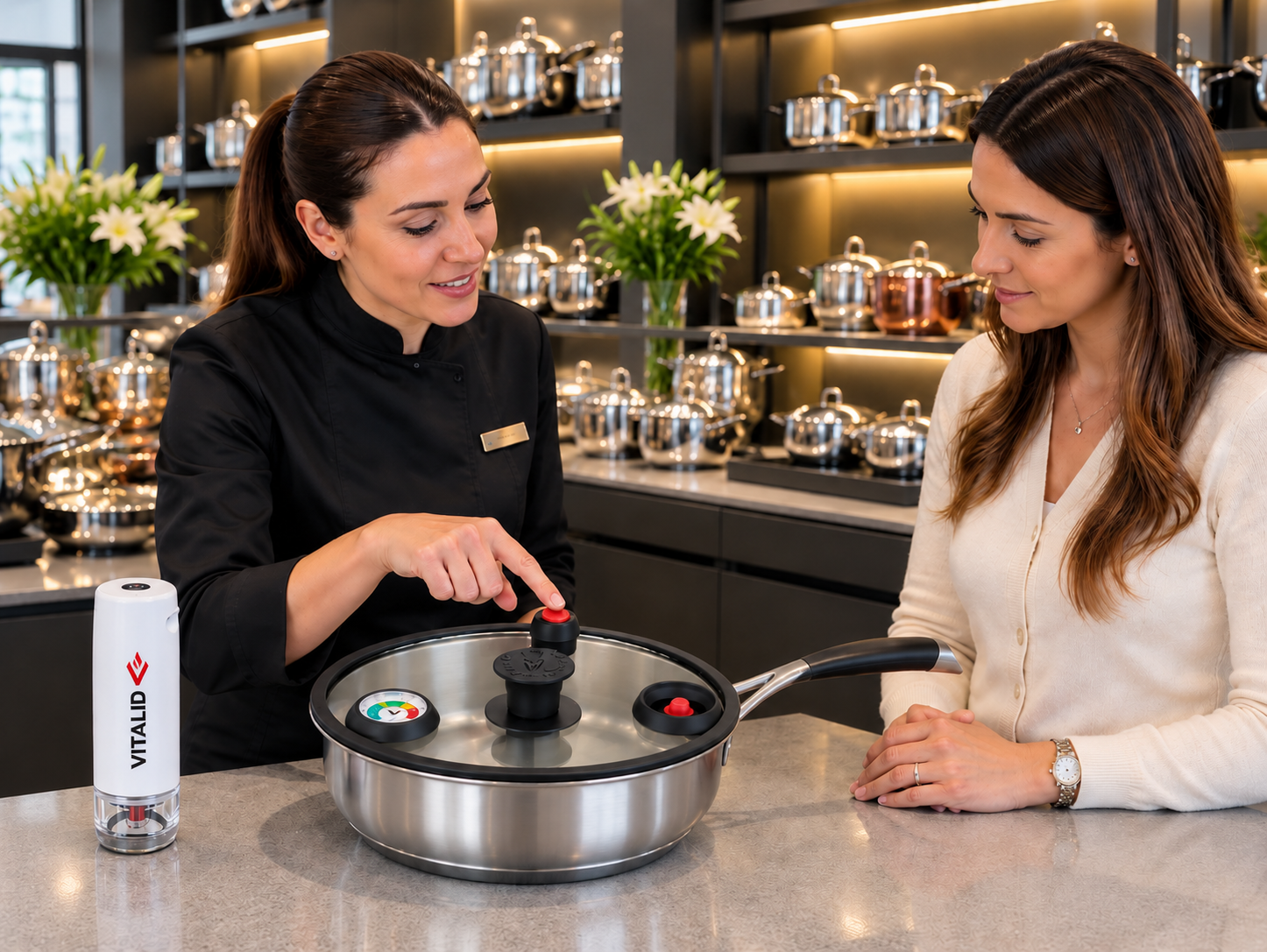 Une conseillère présente la poêle VITALID à une cliente en magasin
